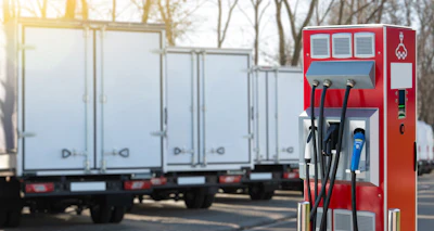 An electric vehicle charging station with multiple cables in an outdoor parking lot, with battery-electric-powered trucks in the background.