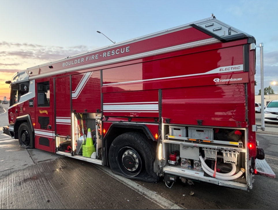 The damaged Boulder Fire-Rescue Rosenbauer RTX after it was recovered by authorities.