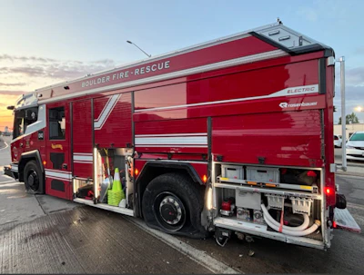 The damaged Boulder Fire-Rescue Rosenbauer RTX after it was recovered by authorities.