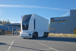 Einride's autonomous battery-electric delivery truck parked outside of the Orje customs office in Norway.