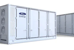 A display of Ford Energy battery storage containers and industrial power modules.