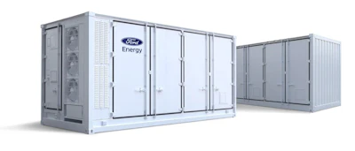 A display of Ford Energy battery storage containers and industrial power modules.