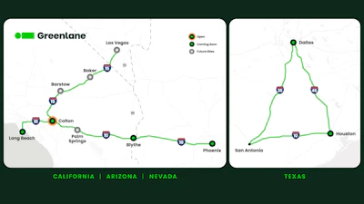 Greenlane's network map for California, Arizona, Nevada, and the Texas triangle.