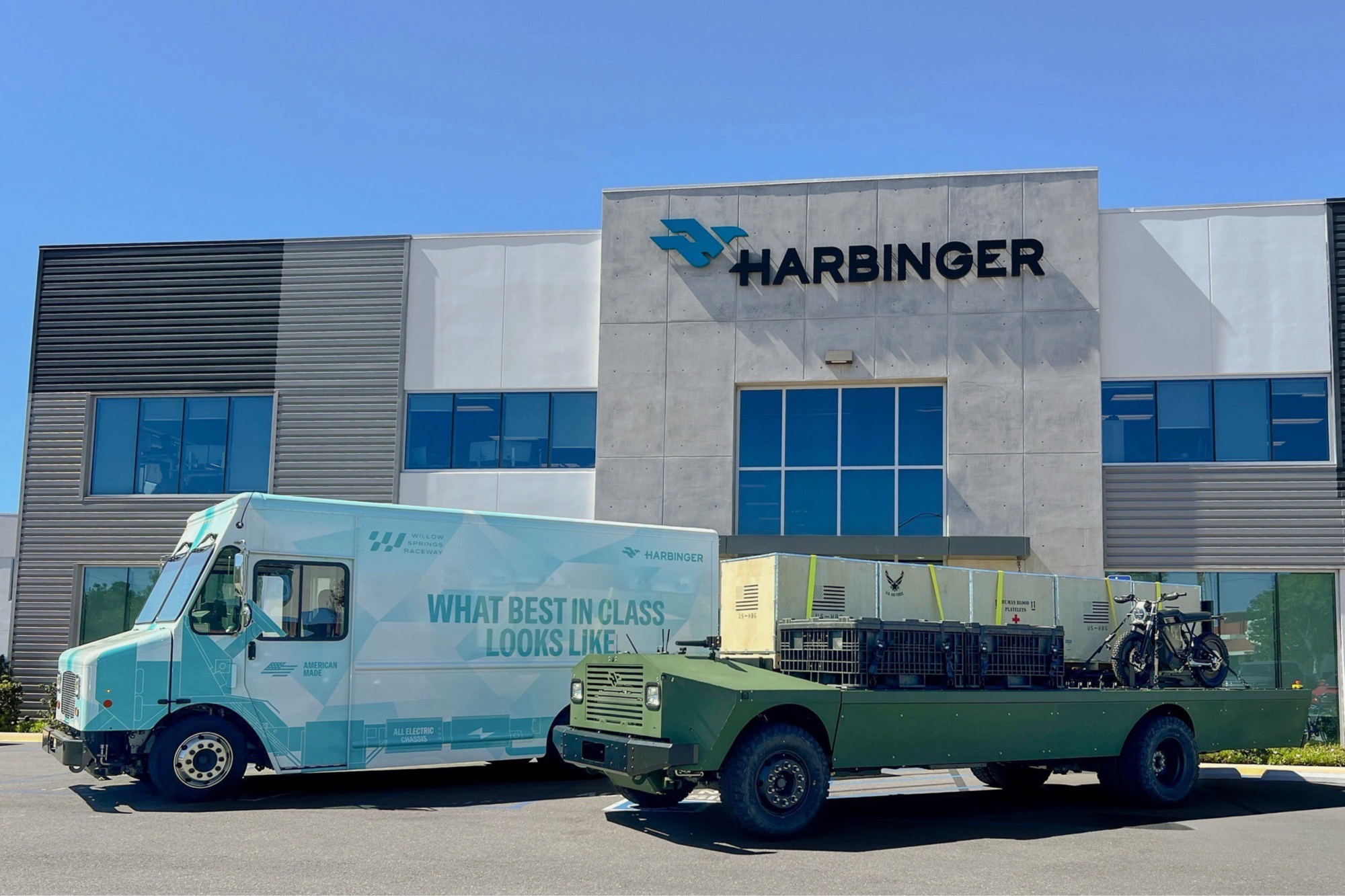 Harbinger's California headquarters with its hybrid-electric medium-duty delivery truck and a future joint platform developed with American Rheinmetall.