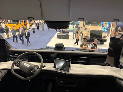 The dashboard and left-hand driver position of Horizon Motor's Class 8 semi, on display at ACT Expo 2026.