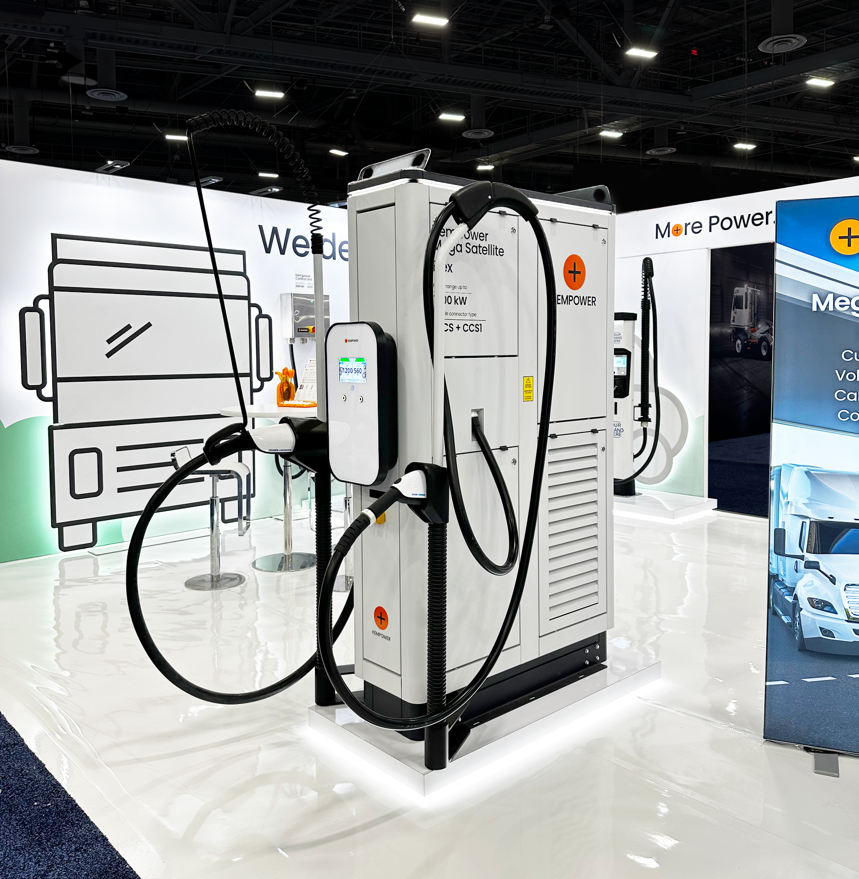 Kempower's new Mega Satellite Flex EV charging unit featuring dual cables on display at the ACT Expo 2026.