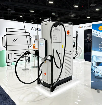 Kempower's new Mega Satellite Flex EV charging unit featuring dual cables on display at the ACT Expo 2026.