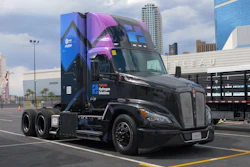 The Kenworth T680 FCEV, a Class 8 heavy-duty truck developed in collaboration with Toyota, on display in a parking lot at ACT Expo 2026.