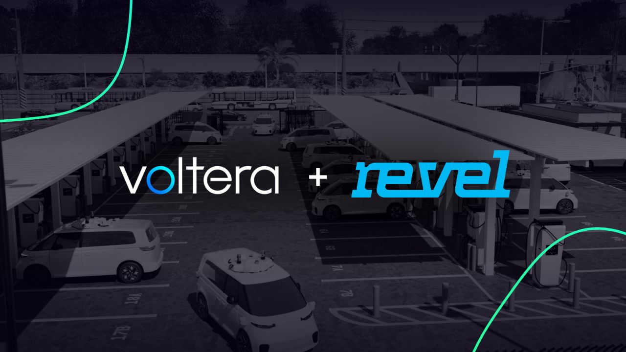 Voltera and Revel announce their partnership, seen against a backdrop of an EV fleet charging hub.