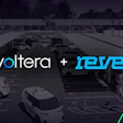 Voltera and Revel partnership announcement with EV charging station lot background