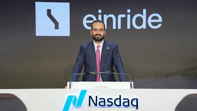Einride CEO Roozbeh Charli standing at podium at the Nasdaq on June 10, 2026.