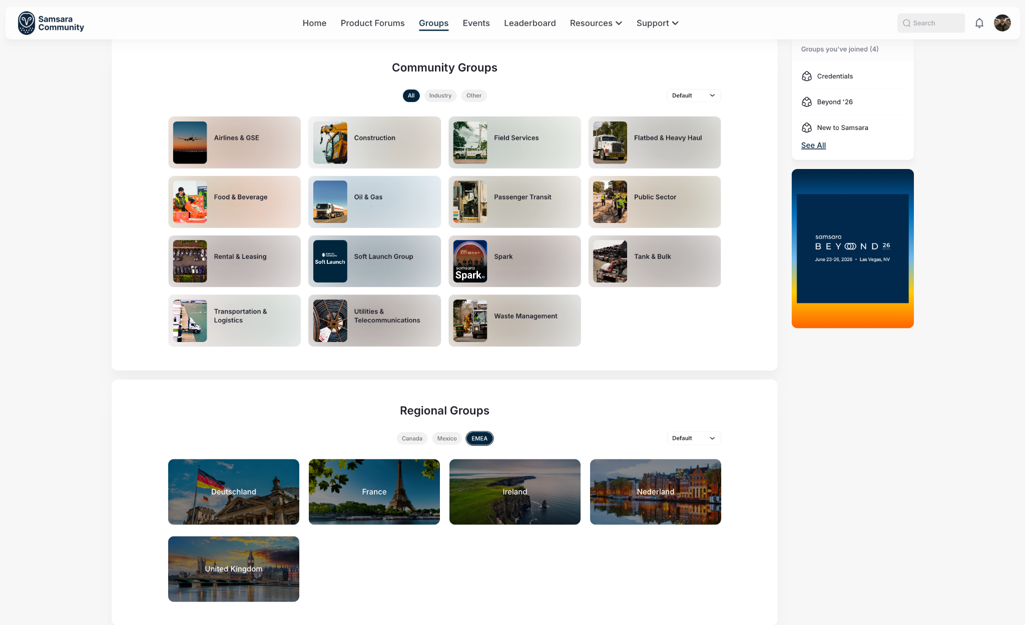 Samsara Community is a new online hub for customers that features a group page that brings professionals together by industry.