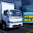White Harbinger Motors HC Series hybrid box truck displayed with 'Industry First Hybrid Box Truck' promotional text overlay