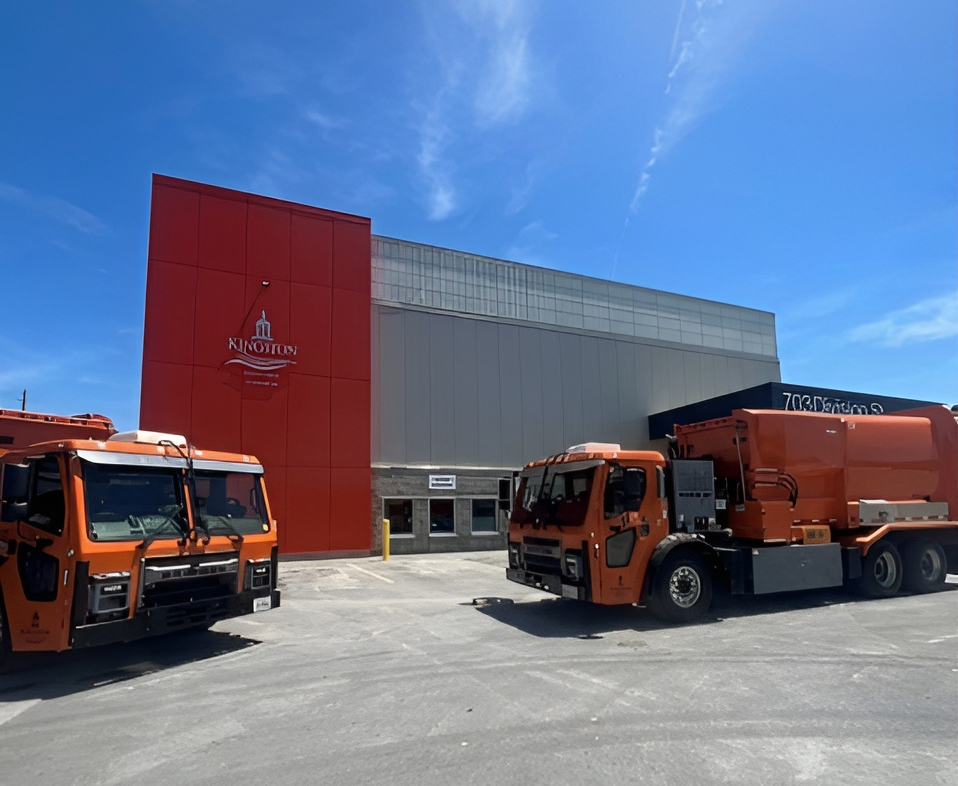Two orange Mack LR refuse trucks parked outside of a Kingston, Ontario, Canada industrial building.