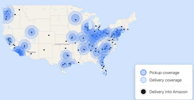 A map of Amazon's full LTL pickup, delivery, and destination coverage.