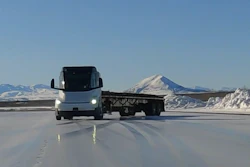 A Tesla Semi with a trailer demonstrates its Vehicle Dynamics Control system on an icy road surface.