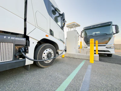 A pair of battery-electric commercial trucks charging at an unknown location.