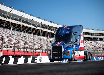 Nearly 2,400 fans voted online to determine the patriotic wrap now featured on three Mack Pioneer trucks — a red, white and blue scheme displaying the emblems of all six military branches. The wrapped Pioneers are among 11 all-new Mack Pioneer 76-inch High-Roof Sleeper models recently added to the NASCAR fleet.
