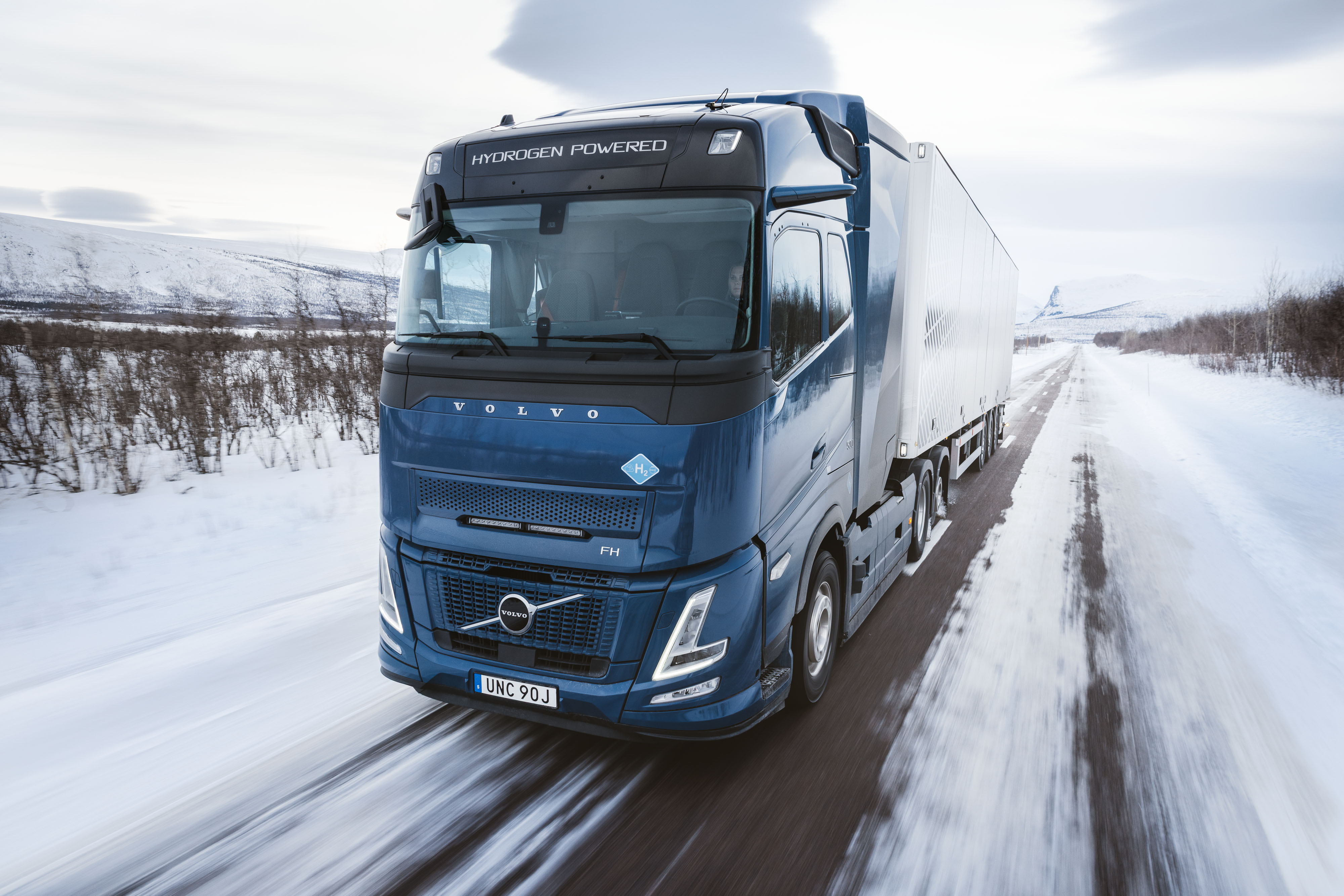 A hydrogen-powered Volvo semi truck undergoing winter road testing in Europe.