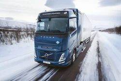 A hydrogen-powered Volvo semi truck undergoing winter road testing in Europe.