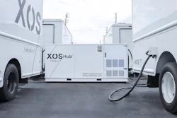 The standard Xos Power Hub connected to two battery-electric commercial vehicles.