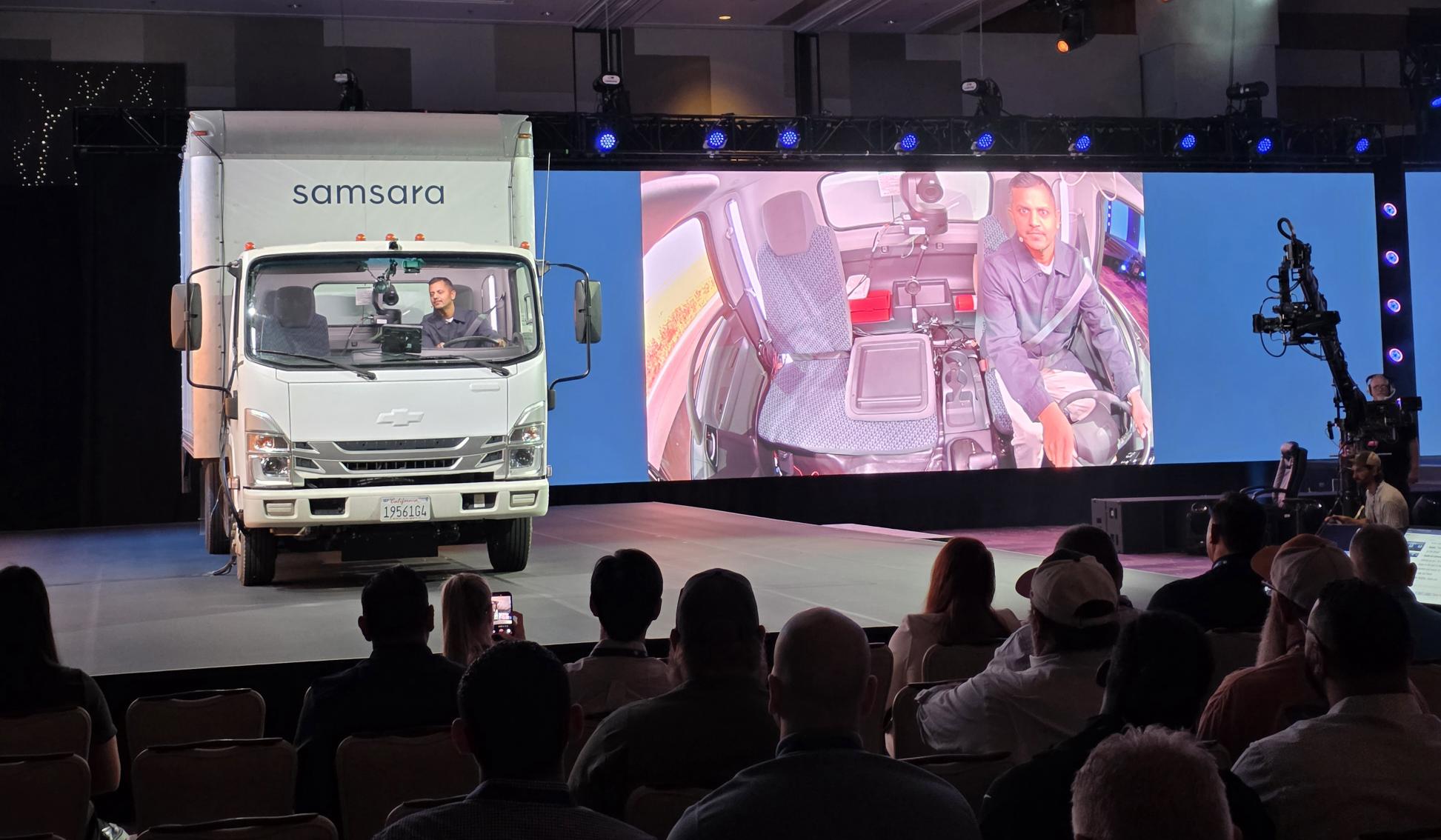 Samsara Head of Safety Arpan Podduturi demonstrates new two-way, in-cab communication at Samsara Beyond.