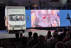 Samsara Head of Safety Arpan Podduturi demonstrates new two-way, in-cab communication at Samsara Beyond.