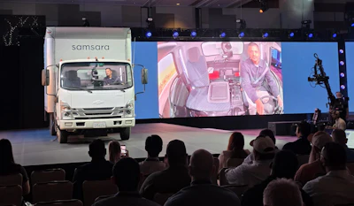 Samsara Head of Safety Arpan Podduturi demonstrates new two-way, in-cab communication at Samsara Beyond.