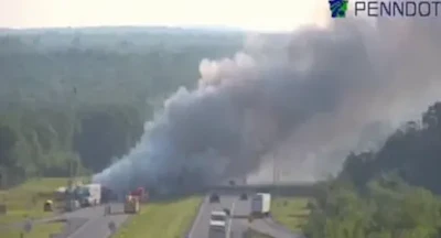 Aerial view from a Pennsylvania DOT camera of the crash scene that resulted in the death of Pennsylvania State Trooper Michael E. Pahira Jr.