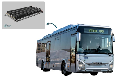 A compressed natural gas (CNG) fuel system is displayed alongside an IVECO BUS transit bus.