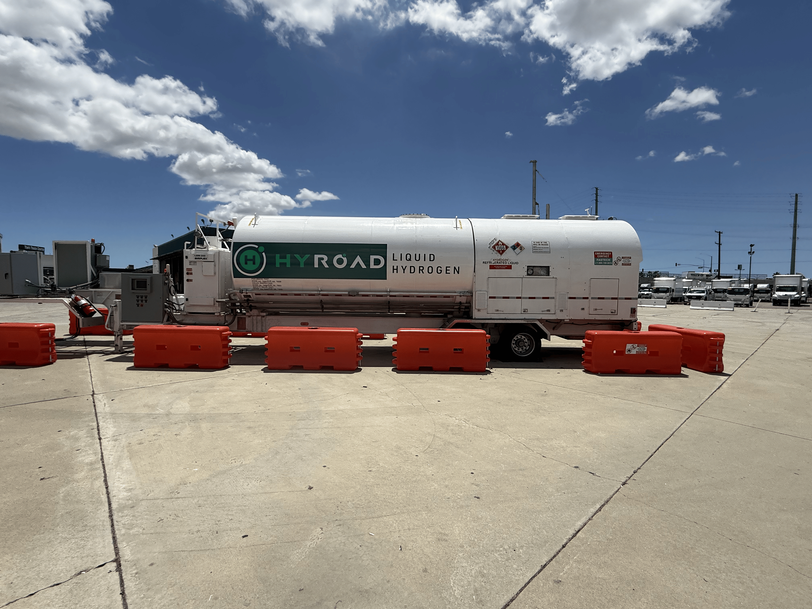 A Hyroad Energy mobile liquid hydrogen refueling station parked in Santa Fe Springs, California.