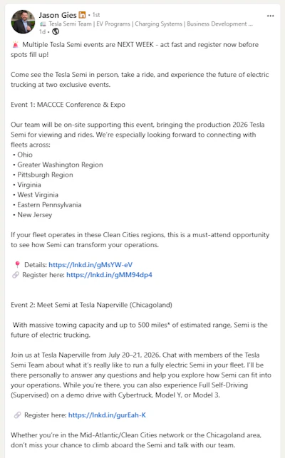 Jason Gies Tesla Semi Tour Announcement