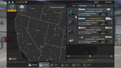 A screenshot of American Truck Simulator software showing available freight routes.