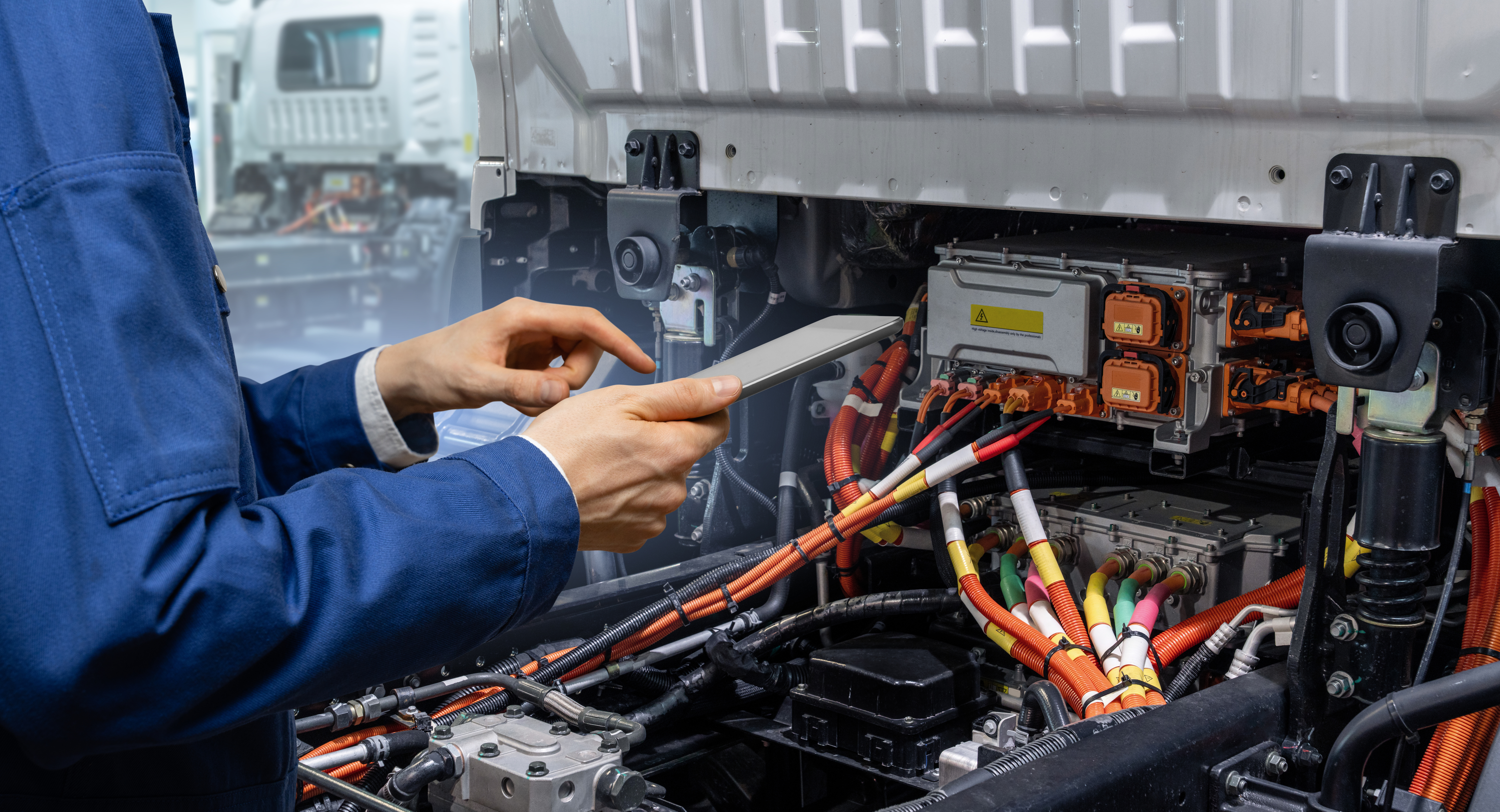 A technician holding a digital tablet next to an electric truck.