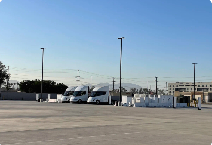 Three Tesla Semis parked at the new Bloomington, California public Megacharger station.