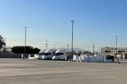Three Tesla Semis parked at the new Bloomington, California public Megacharger station.