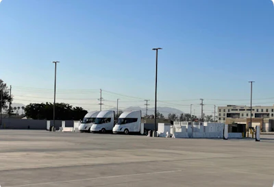 Three Tesla Semis parked at the new Bloomington, California public Megacharger station.