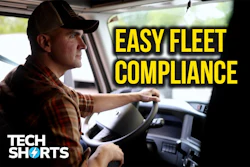 Truck driver in plaid shirt at steering wheel with 'Easy Fleet Compliance' text and Tech Shorts logo