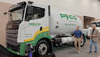 Nexio Power CEO Gary Winemaster, right, and Meritum Energy Holdings President and CEO Chris Hill, left, unveil the PICO Propane and Fuels demonstration truck at the 2026 Red River Crossroads Propane Expo in Irving, Texas, on Saturday, August 8.