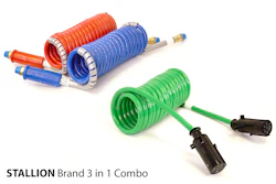 Stallion Brand 3 in 1 Combo pneumatic air hose set with red, blue, and green coiled tubing and black connectors