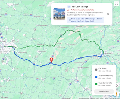 While the Routes API identifies the optimal path, the Navigation SDK delivers it inside a familiar Google Maps-style interface. Drivers receive seamless, turn-by-turn guidance within existing carrier apps, complete with real-time visual alerts for vehicle-specific constraints like height and weight limits.