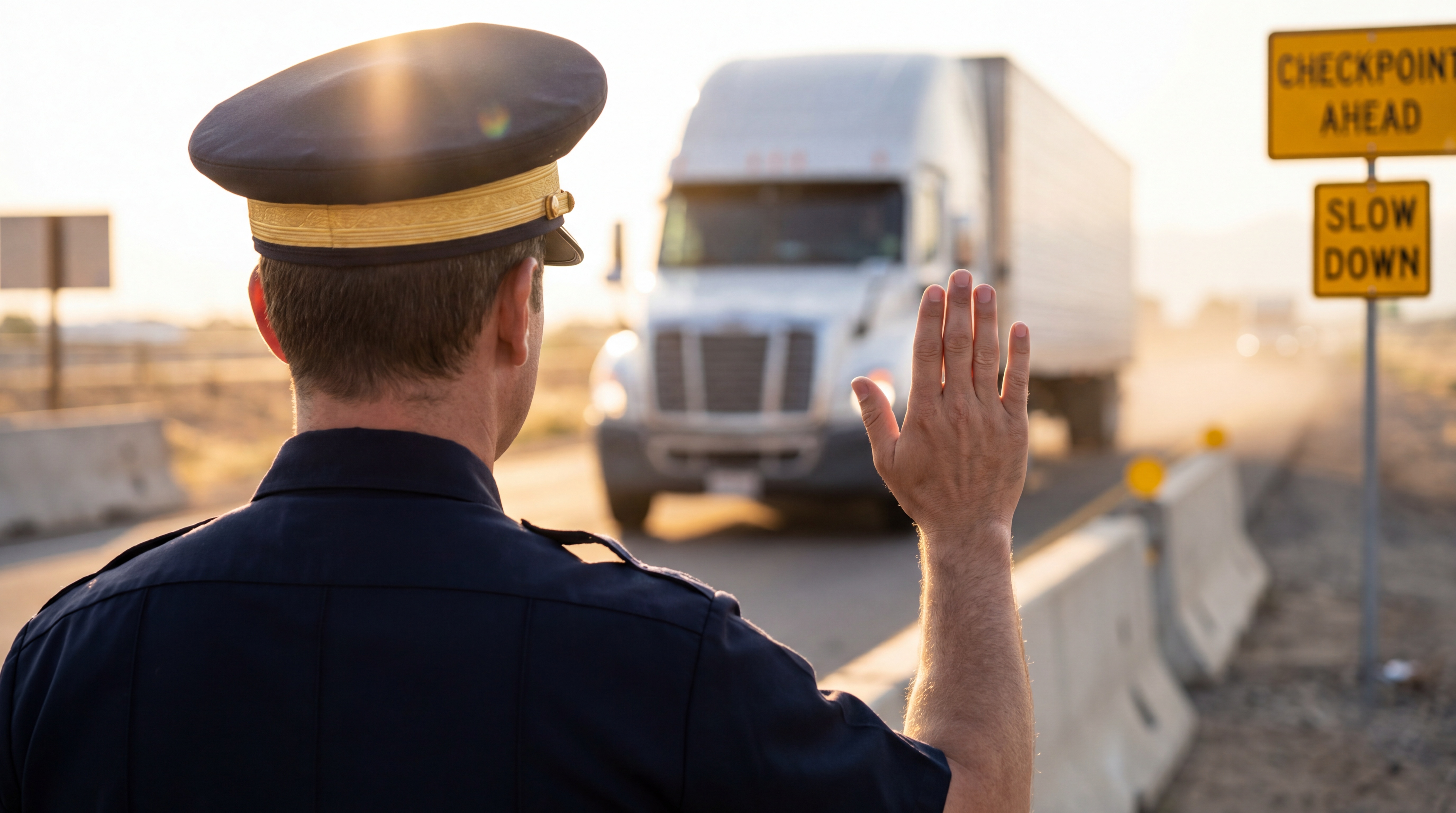 Officer in uniform stopping truck at checkpoint with warning signs visible