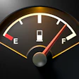 Analog fuel gauge with needle pointing to quarter tank, featuring E and F indicators on dark background