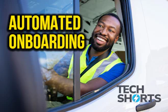 Smiling delivery driver in safety vest looking out vehicle window with 'Automated Onboarding' text and Tech Shorts logo