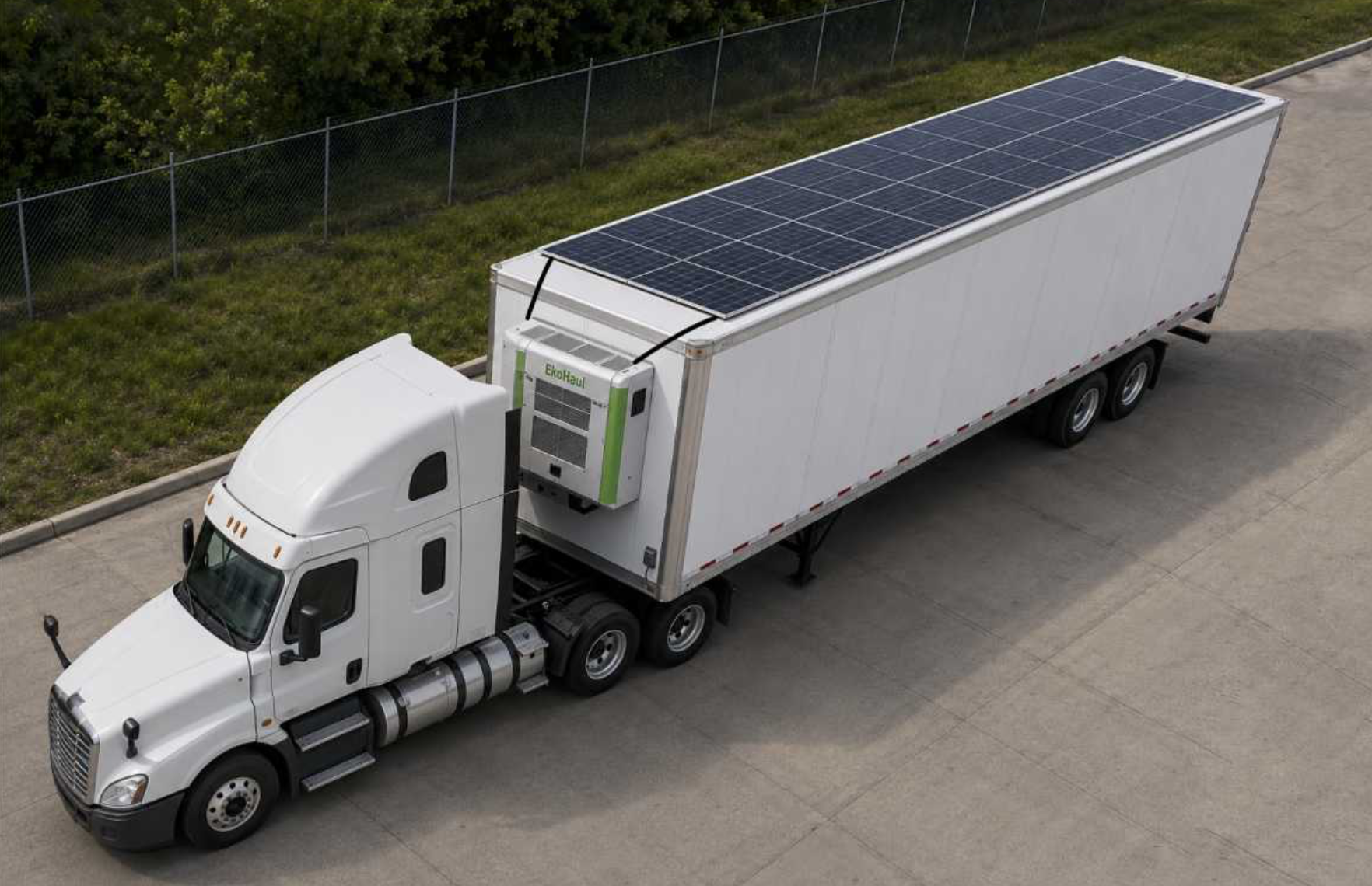 Solar panels mounted to the tops of trailers power a battery that would eliminate the need to idle for climate control in the cab.