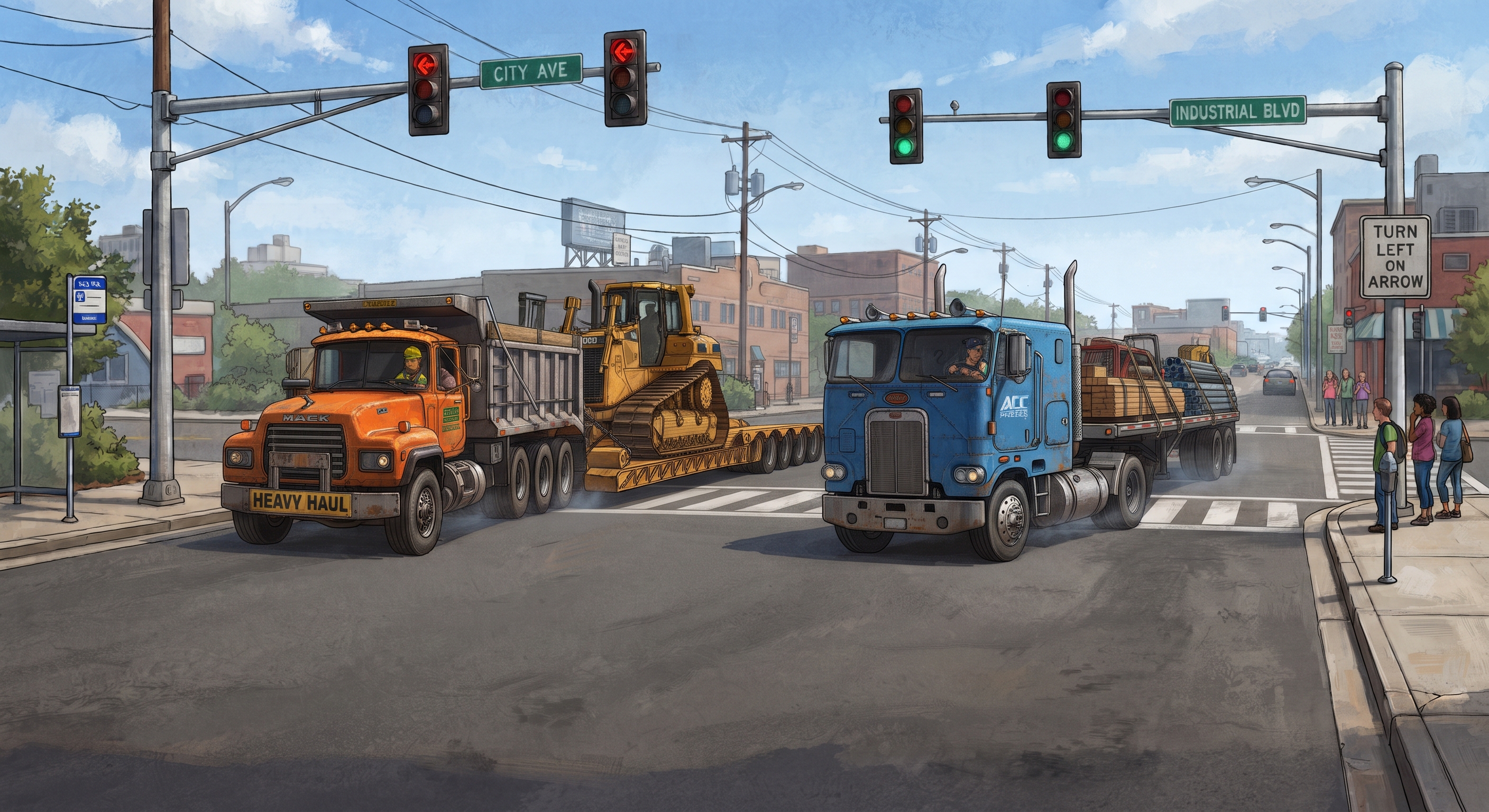 Urban street scene with construction trucks, traffic lights, and city buildings on a sunny day