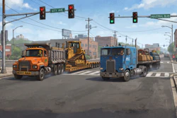 Urban street scene with construction trucks, traffic lights, and city buildings on a sunny day