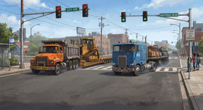 Urban street scene with construction trucks, traffic lights, and city buildings on a sunny day