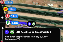 Mobile navigation app showing directions to depart on Frederick Road with next stop at NHS Rest Stop or Truck Facility 3 near Lobo, Texas, displaying 7 hours 45 minutes travel time