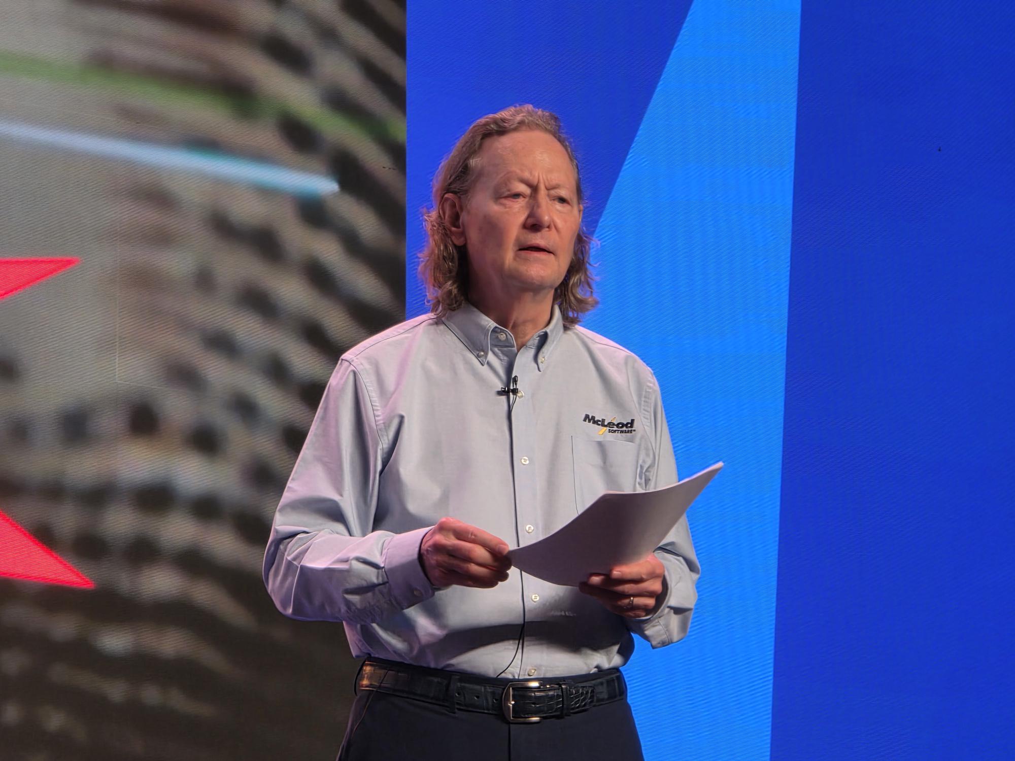 Tom McLeod delivers the keynote at the annual McLeod Software user conference, held this year in Nashville.